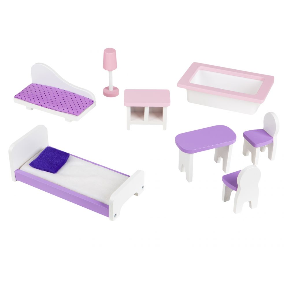 Casuta de Papusi din Lemn pentru Copii, Bigshot BS4121PNK, 3 Niveluri, 4 Incaperi, Baie, Bucatarie, Mobilier, Roz