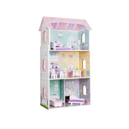 Casuta de Papusi din Lemn pentru Copii, Bigshot BS4121PNK, 3 Niveluri, 4 Incaperi, Baie, Bucatarie, Mobilier, Roz