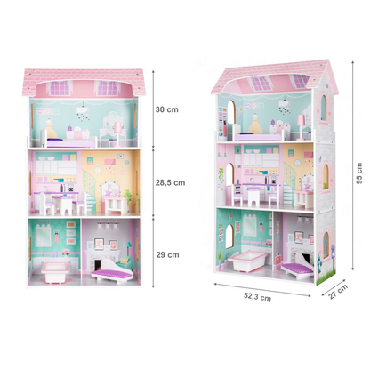 Casuta de Papusi din Lemn pentru Copii, Bigshot BS4121PNK, 3 Niveluri, 4 Incaperi, Baie, Bucatarie, Mobilier, Roz