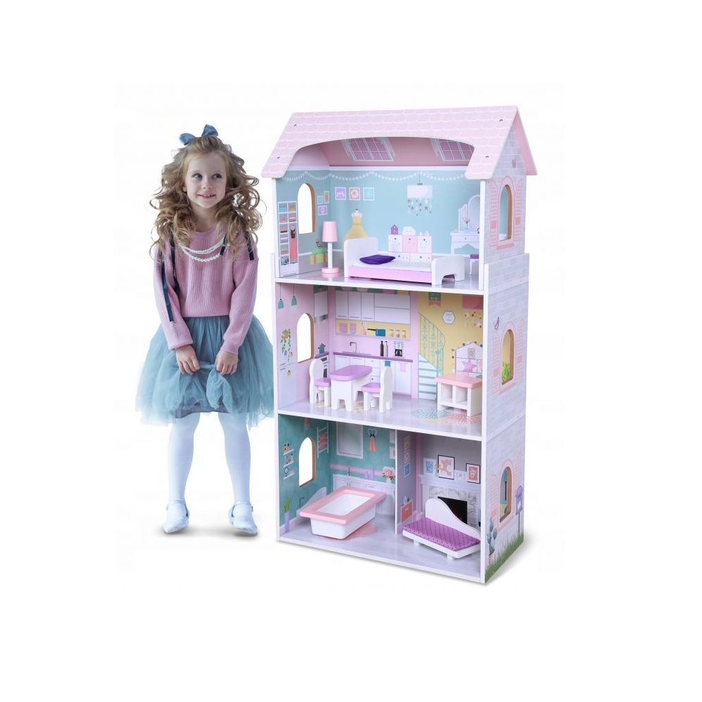 Casuta de Papusi din Lemn pentru Copii, Bigshot BS4121PNK, 3 Niveluri, 4 Incaperi, Baie, Bucatarie, Mobilier, Roz
