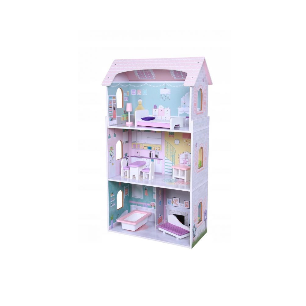 Casuta de Papusi din Lemn pentru Copii, Bigshot BS4121PNK, 3 Niveluri, 4 Incaperi, Baie, Bucatarie, Mobilier, Roz