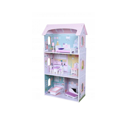 Casuta de Papusi din Lemn pentru Copii, Bigshot BS4121PNK, 3 Niveluri, 4 Incaperi, Baie, Bucatarie, Mobilier, Roz