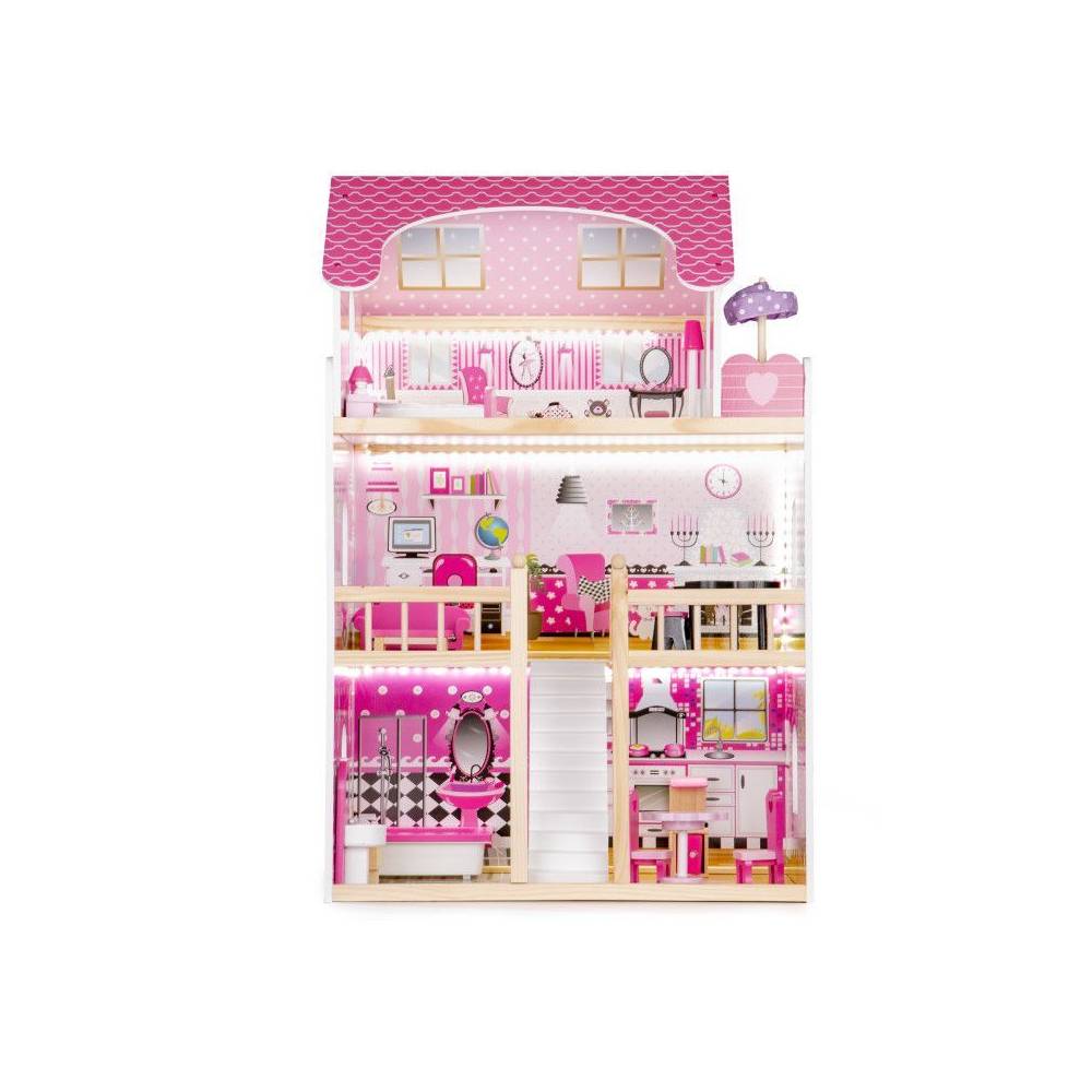 Casuta de Joaca Copii Bigshot BS6391PINK, 3 Niveluri, 5 incaperi, Baie, Bucatarie, Terasa, Lumini Led, 17 Piese de Mobilier, 90 x 59 x 30 cm, Roz