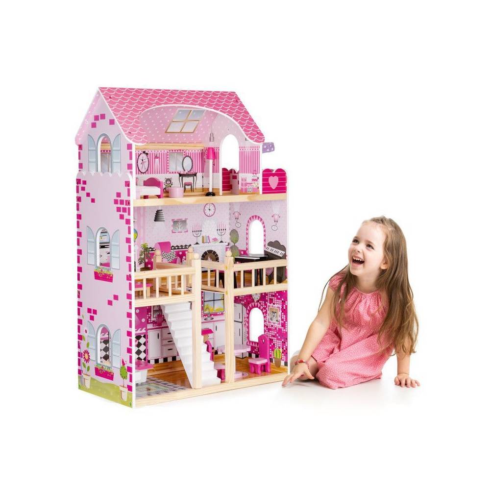 Casuta de Joaca Copii Bigshot BS6391PINK, 3 Niveluri, 5 incaperi, Baie, Bucatarie, Terasa, Lumini Led, 17 Piese de Mobilier, 90 x 59 x 30 cm, Roz