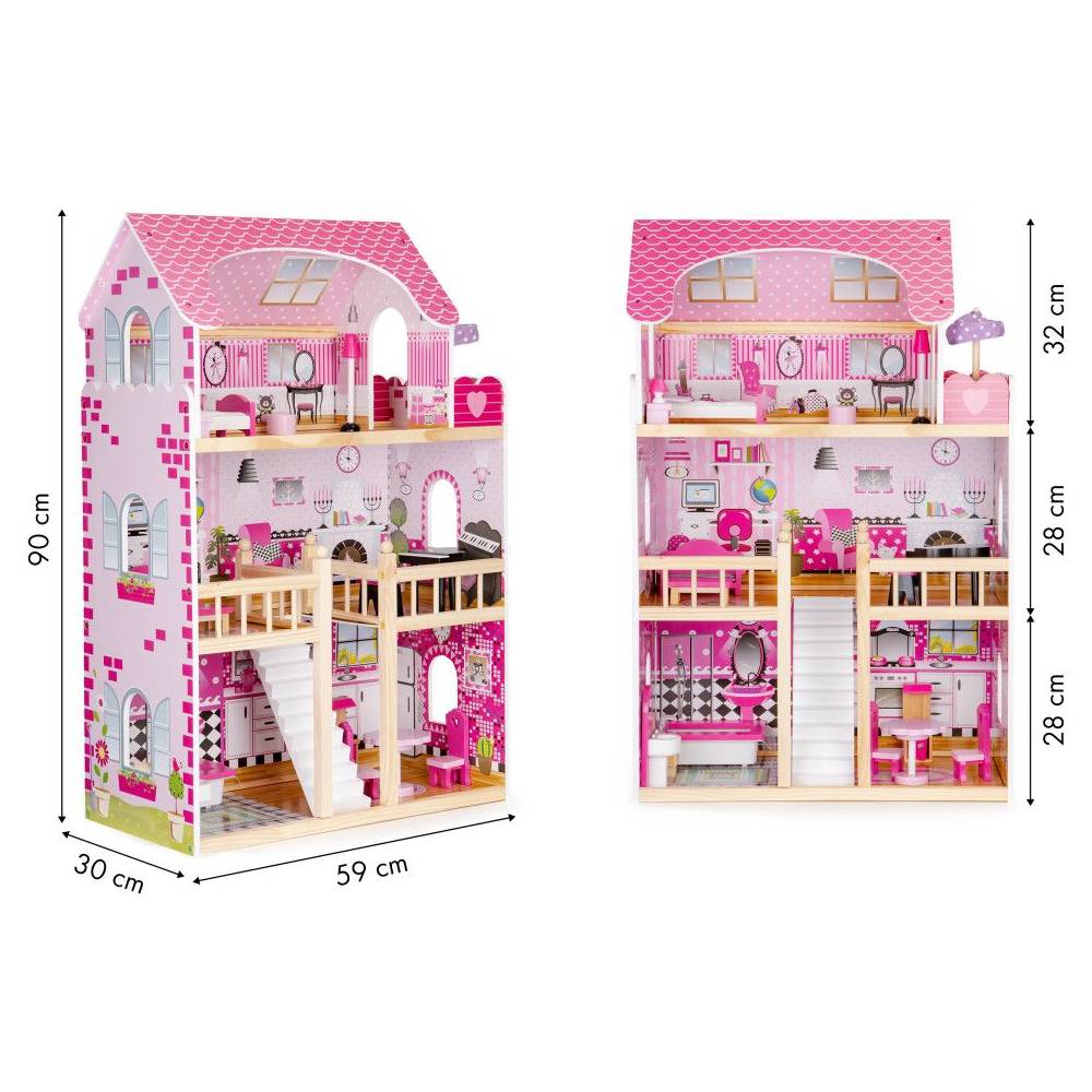 Casuta de Joaca Copii Bigshot BS6391PINK, 3 Niveluri, 5 incaperi, Baie, Bucatarie, Terasa, Lumini Led, 17 Piese de Mobilier, 90 x 59 x 30 cm, Roz