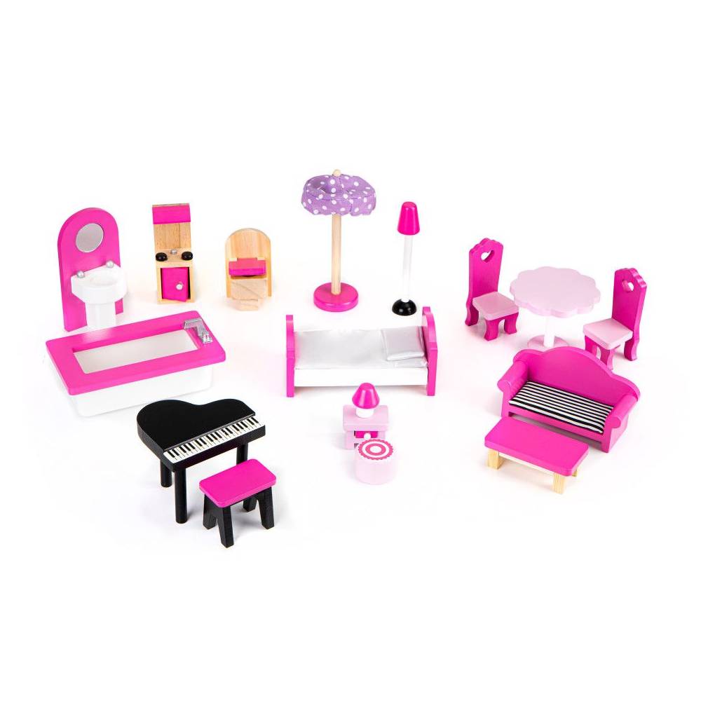 Casuta de Joaca Copii Bigshot BS6391PINK, 3 Niveluri, 5 incaperi, Baie, Bucatarie, Terasa, Lumini Led, 17 Piese de Mobilier, 90 x 59 x 30 cm, Roz