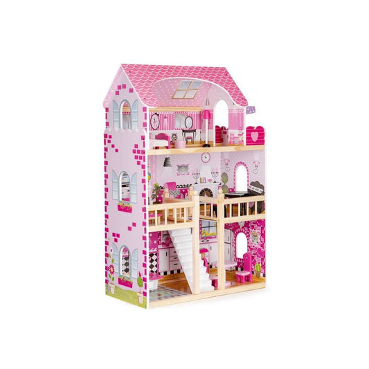 Casuta de Joaca Copii Bigshot BS6391PINK, 3 Niveluri, 5 incaperi, Baie, Bucatarie, Terasa, Lumini Led, 17 Piese de Mobilier, 90 x 59 x 30 cm, Roz