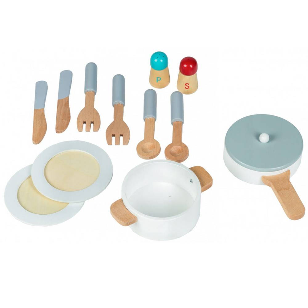 Bucatarie din Lemn, cu Accesorii de Gatit pentru Copii, Bigshot BS7253WN, Cuptor, Aragaz, Microunde, Chiuveta, 92 x 60 x 30 cm, Alba - Natur