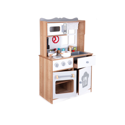 Bucatarie din Lemn, cu Accesorii de Gatit pentru Copii, Bigshot BS7253WN, Cuptor, Aragaz, Microunde, Chiuveta, 92 x 60 x 30 cm, Alba - Natur