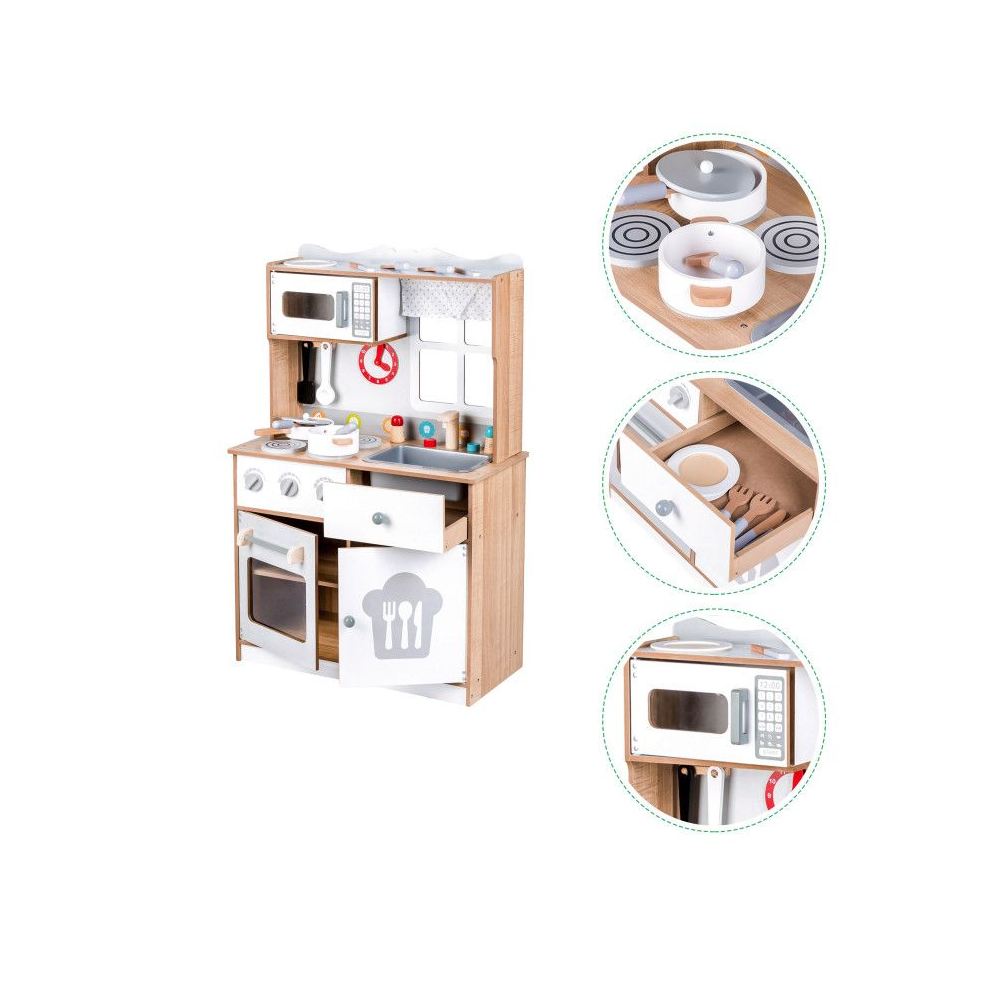 Bucatarie din Lemn, cu Accesorii de Gatit pentru Copii, Bigshot BS7253WN, Cuptor, Aragaz, Microunde, Chiuveta, 92 x 60 x 30 cm, Alba - Natur