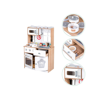 Bucatarie din Lemn, cu Accesorii de Gatit pentru Copii, Bigshot BS7253WN, Cuptor, Aragaz, Microunde, Chiuveta, 92 x 60 x 30 cm, Alba - Natur