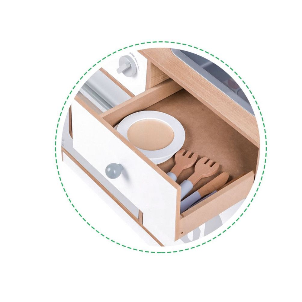 Bucatarie din Lemn, cu Accesorii de Gatit pentru Copii, Bigshot BS7253WN, Cuptor, Aragaz, Microunde, Chiuveta, 92 x 60 x 30 cm, Alba - Natur