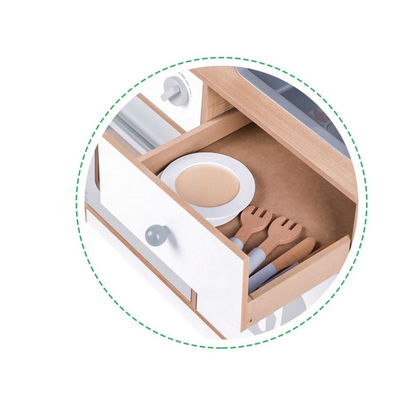 Bucatarie din Lemn, cu Accesorii de Gatit pentru Copii, Bigshot BS7253WN, Cuptor, Aragaz, Microunde, Chiuveta, 92 x 60 x 30 cm, Alba - Natur