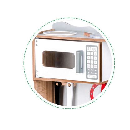 Bucatarie din Lemn, cu Accesorii de Gatit pentru Copii, Bigshot BS7253WN, Cuptor, Aragaz, Microunde, Chiuveta, 92 x 60 x 30 cm, Alba - Natur