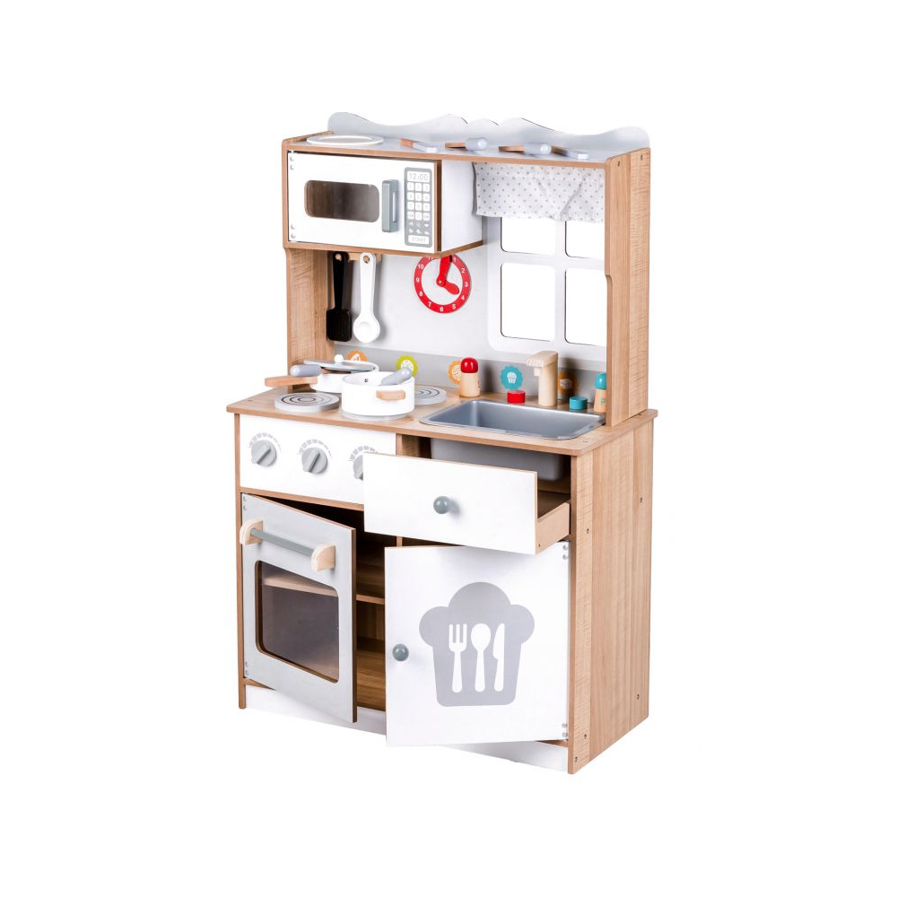 Bucatarie din Lemn, cu Accesorii de Gatit pentru Copii, Bigshot BS7253WN, Cuptor, Aragaz, Microunde, Chiuveta, 92 x 60 x 30 cm, Alba - Natur