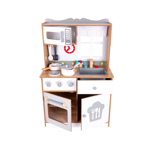 Bucatarie din Lemn, cu Accesorii de Gatit pentru Copii, Bigshot BS7253WN, Cuptor, Aragaz, Microunde, Chiuveta, 92 x 60 x 30 cm, Alba - Natur