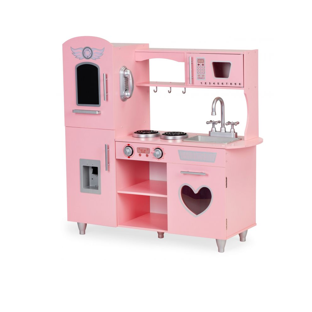 Bucatarie Mare de Jucarie din Lemn pentru Copii, Bigshot BS7268, Telefon, Cuptor, Aragaz, Frigider, Chiuveta, Rafturi, 86 x 30 x 88 cm, Roz