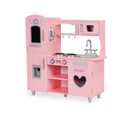 Bucatarie Mare de Jucarie din Lemn pentru Copii, Bigshot BS7268, Telefon, Cuptor, Aragaz, Frigider, Chiuveta, Rafturi, 86 x 30 x 88 cm, Roz