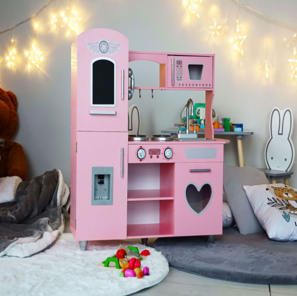 Bucatarie Mare de Jucarie din Lemn pentru Copii, Bigshot BS7268, Telefon, Cuptor, Aragaz, Frigider, Chiuveta, Rafturi, 86 x 30 x 88 cm, Roz