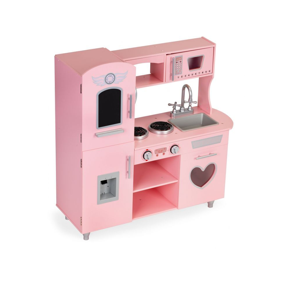 Bucatarie Mare de Jucarie din Lemn pentru Copii, Bigshot BS7268, Telefon, Cuptor, Aragaz, Frigider, Chiuveta, Rafturi, 86 x 30 x 88 cm, Roz