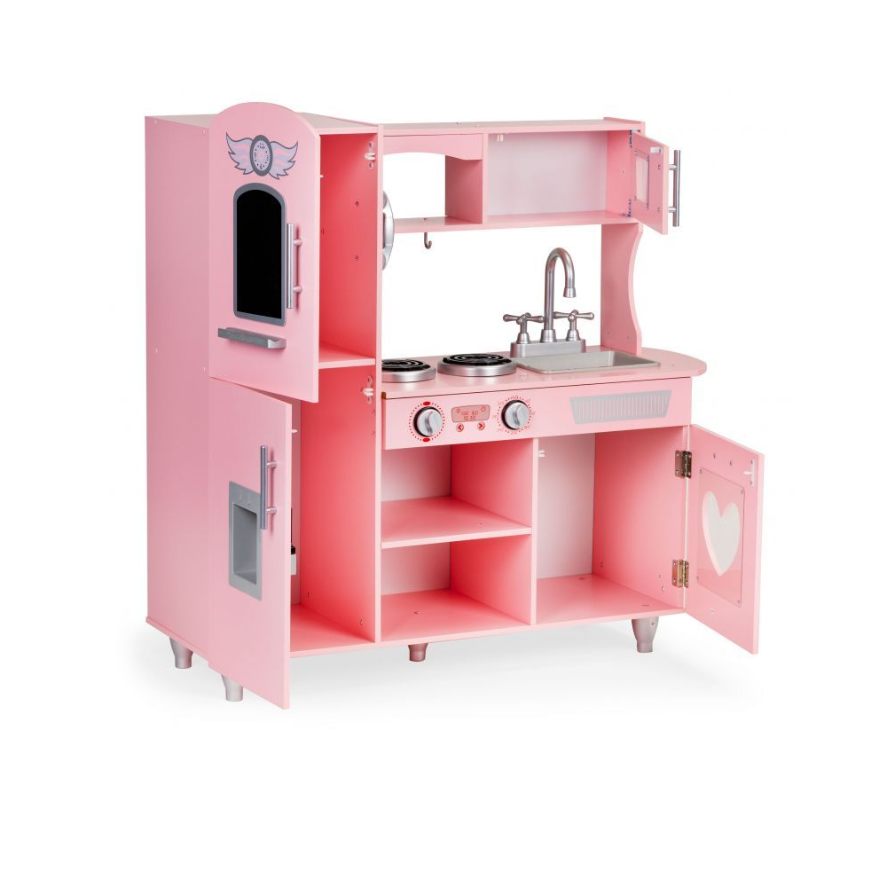 Bucatarie Mare de Jucarie din Lemn pentru Copii, Bigshot BS7268, Telefon, Cuptor, Aragaz, Frigider, Chiuveta, Rafturi, 86 x 30 x 88 cm, Roz