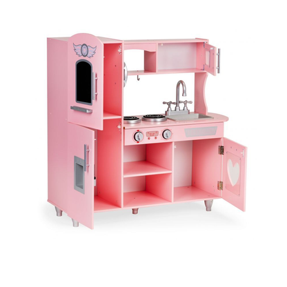 Bucatarie Mare de Jucarie din Lemn pentru Copii, Bigshot BS7268, Telefon, Cuptor, Aragaz, Frigider, Chiuveta, Rafturi, 86 x 30 x 88 cm, Roz