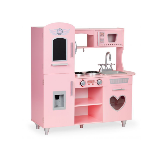 Bucatarie Mare de Jucarie din Lemn pentru Copii, Bigshot BS7268, Telefon, Cuptor, Aragaz, Frigider, Chiuveta, Rafturi, 86 x 30 x 88 cm, Roz