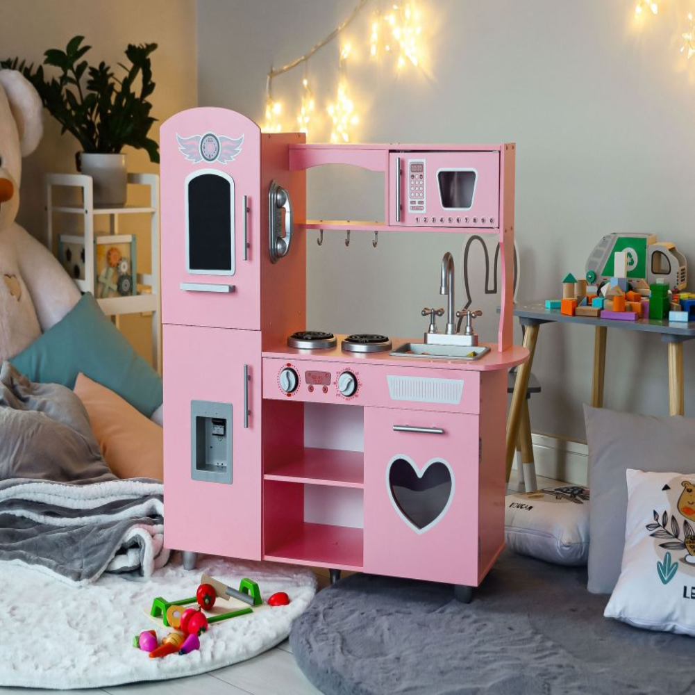 Bucatarie Mare de Jucarie din Lemn pentru Copii, Bigshot BS7268, Telefon, Cuptor, Aragaz, Frigider, Chiuveta, Rafturi, 86 x 30 x 88 cm, Roz