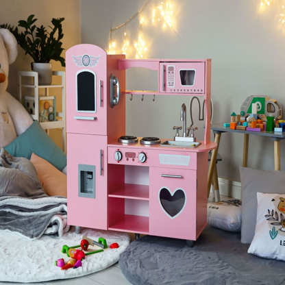Bucatarie Mare de Jucarie din Lemn pentru Copii, Bigshot BS7268, Telefon, Cuptor, Aragaz, Frigider, Chiuveta, Rafturi, 86 x 30 x 88 cm, Roz
