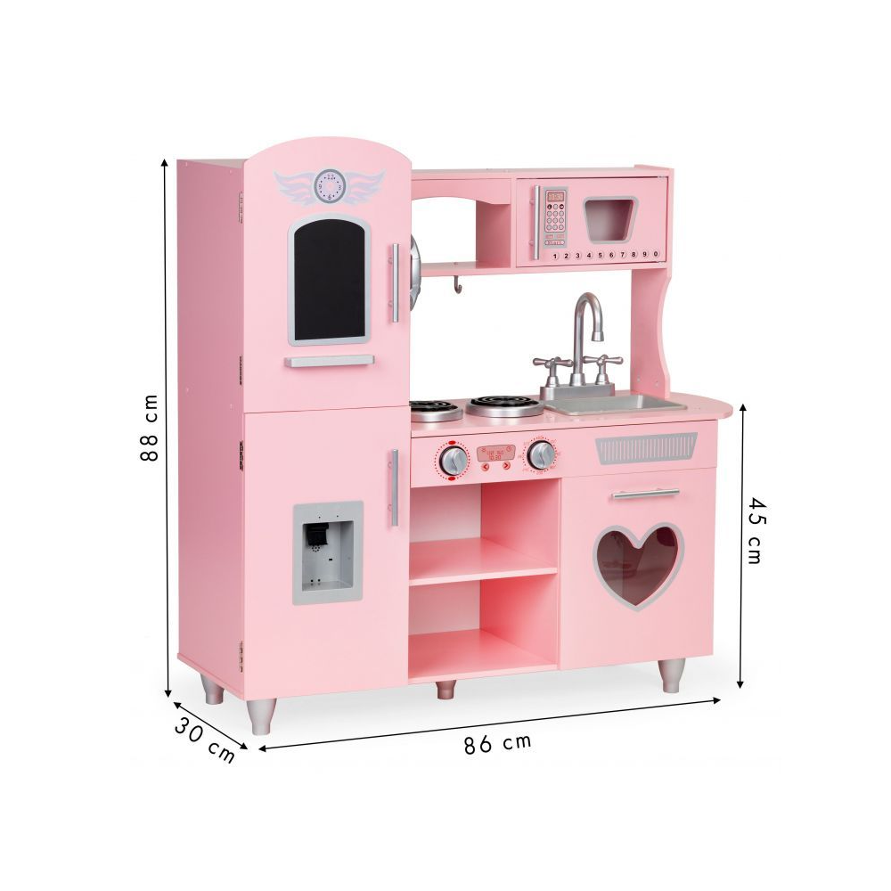 Bucatarie Mare de Jucarie din Lemn pentru Copii, Bigshot BS7268, Telefon, Cuptor, Aragaz, Frigider, Chiuveta, Rafturi, 86 x 30 x 88 cm, Roz