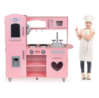 Bucatarie Mare de Jucarie din Lemn pentru Copii, Bigshot BS7268, Telefon, Cuptor, Aragaz, Frigider, Chiuveta, Rafturi, 86 x 30 x 88 cm, Roz