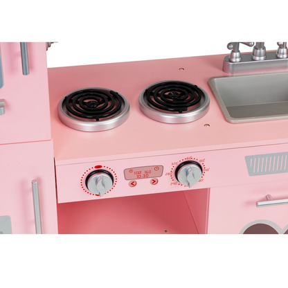 Bucatarie Mare de Jucarie din Lemn pentru Copii, Bigshot BS7268, Telefon, Cuptor, Aragaz, Frigider, Chiuveta, Rafturi, 86 x 30 x 88 cm, Roz