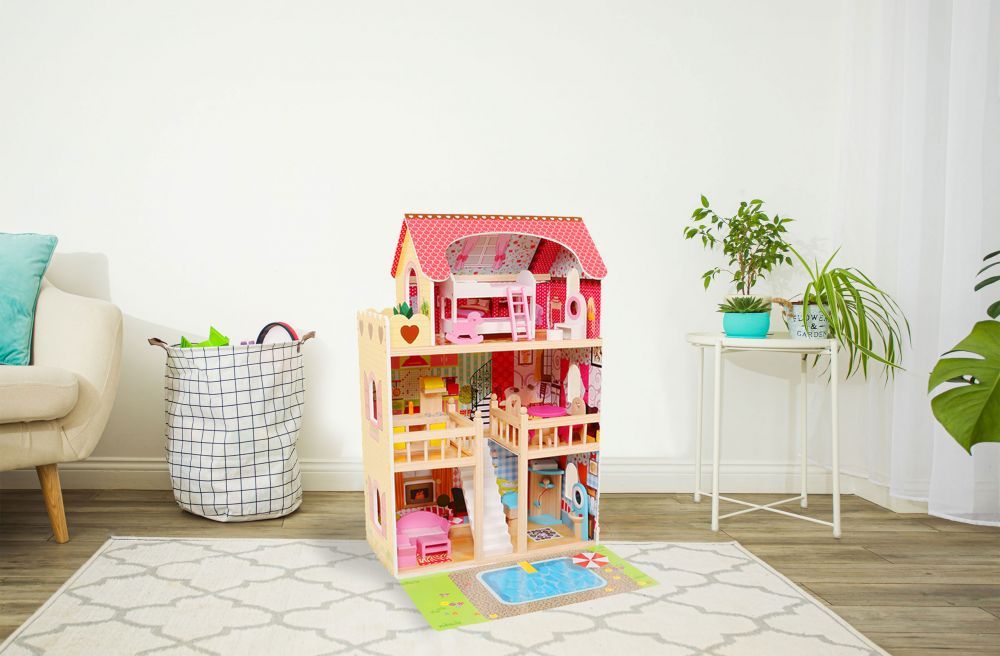 Casuta de Joaca Pentru Copii, Bigshot BSA333EMC, Piscina, 3 Niveluri, 5 Incaperi, Terasa, 16 piese de mobilier, 90 x 60 x 33 cm, Multicolora