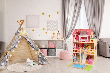 Casuta de Joaca Pentru Copii, Bigshot BSA333EMC, Piscina, 3 Niveluri, 5 Incaperi, Terasa, 16 piese de mobilier, 90 x 60 x 33 cm, Multicolora