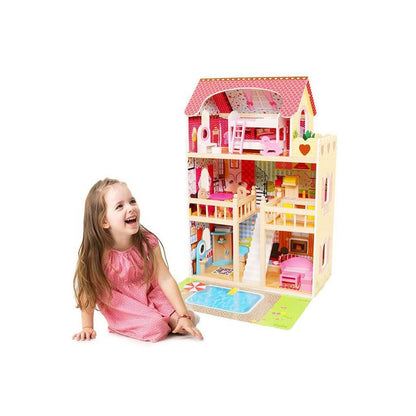 Casuta de Joaca Pentru Copii, Bigshot BSA333EMC, Piscina, 3 Niveluri, 5 Incaperi, Terasa, 16 piese de mobilier, 90 x 60 x 33 cm, Multicolora