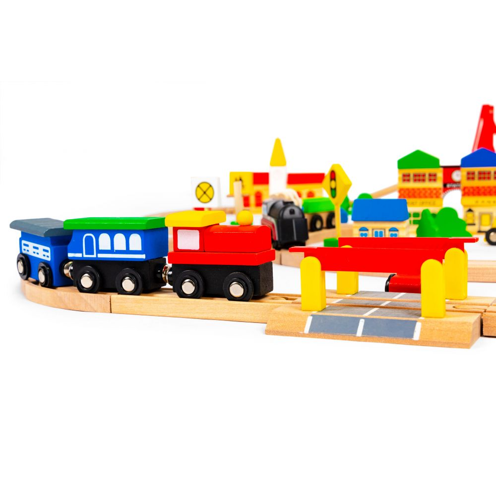 Set Trenulet de Jucarie, Bigshot BSHM014665, din Lemn, cu Baterii, 90 Piese, Multicolor