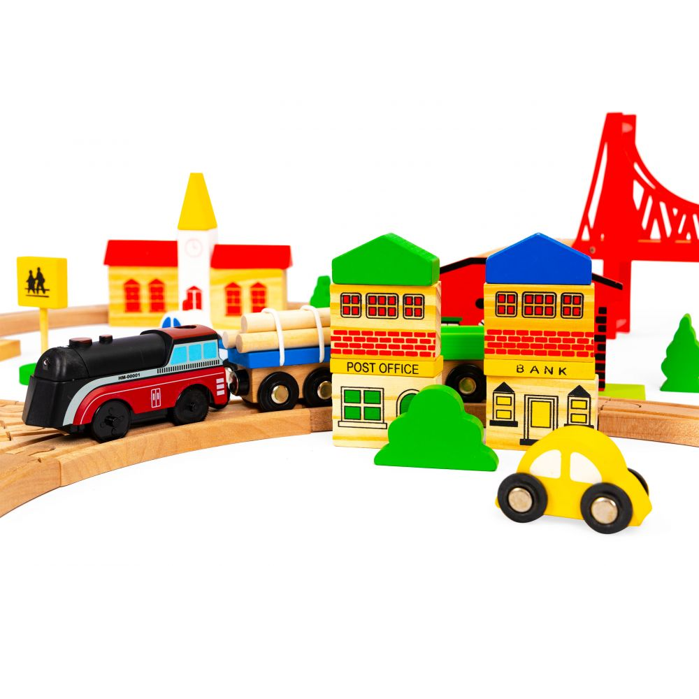 Set Trenulet de Jucarie, Bigshot BSHM014665, din Lemn, cu Baterii, 90 Piese, Multicolor