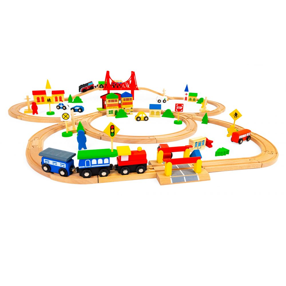 Set Trenulet de Jucarie, Bigshot BSHM014665, din Lemn, cu Baterii, 90 Piese, Multicolor