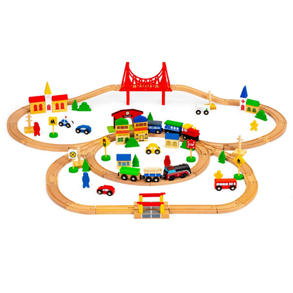 Set Trenulet de Jucarie, Bigshot BSHM014665, din Lemn, cu Baterii, 90 Piese, Multicolor