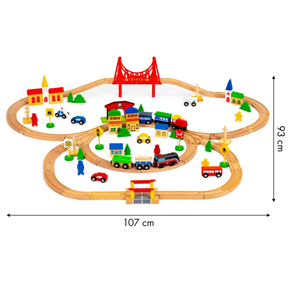Set Trenulet de Jucarie, Bigshot BSHM014665, din Lemn, cu Baterii, 90 Piese, Multicolor