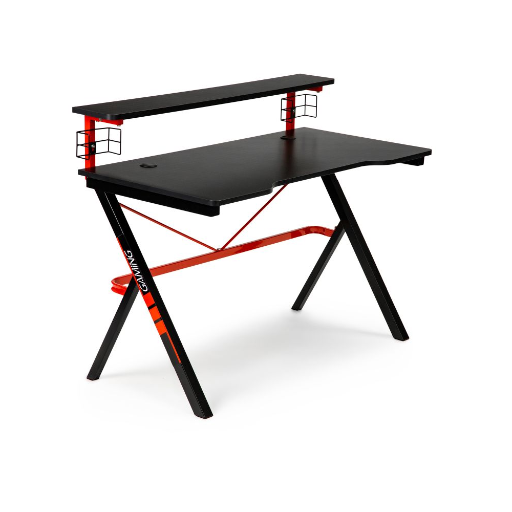 Birou de Gaming, Bigshot BSN1925, 2 Iesiri de Cablu, Suport pentru Pahare, 120 x 60 x 73 cm, Negru-Rosu