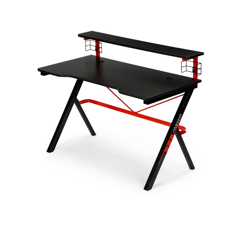 Birou de Gaming, Bigshot BSN1925, 2 Iesiri de Cablu, Suport pentru Pahare, 120 x 60 x 73 cm, Negru-Rosu