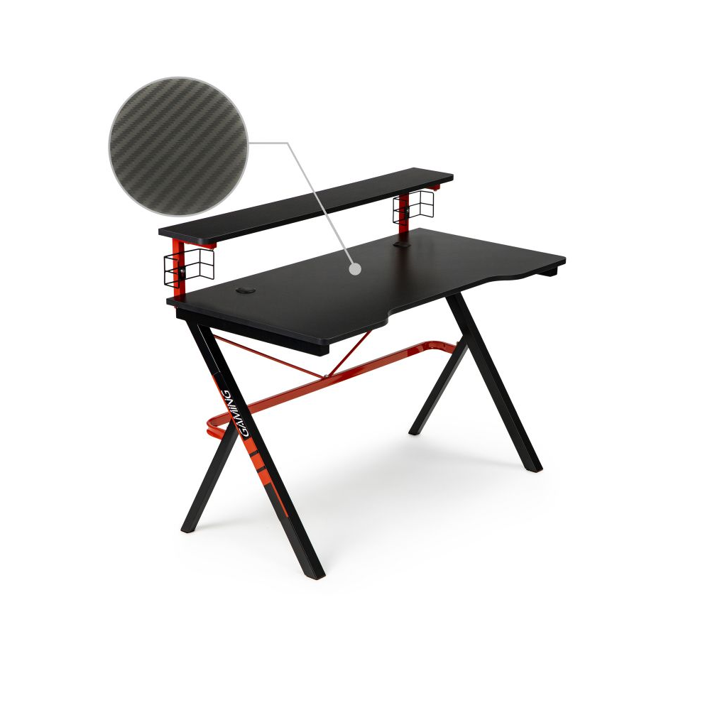 Birou de Gaming, Bigshot BSN1925, 2 Iesiri de Cablu, Suport pentru Pahare, 120 x 60 x 73 cm, Negru-Rosu