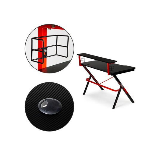 Birou de Gaming, Bigshot BSN1925, 2 Iesiri de Cablu, Suport pentru Pahare, 120 x 60 x 73 cm, Negru-Rosu