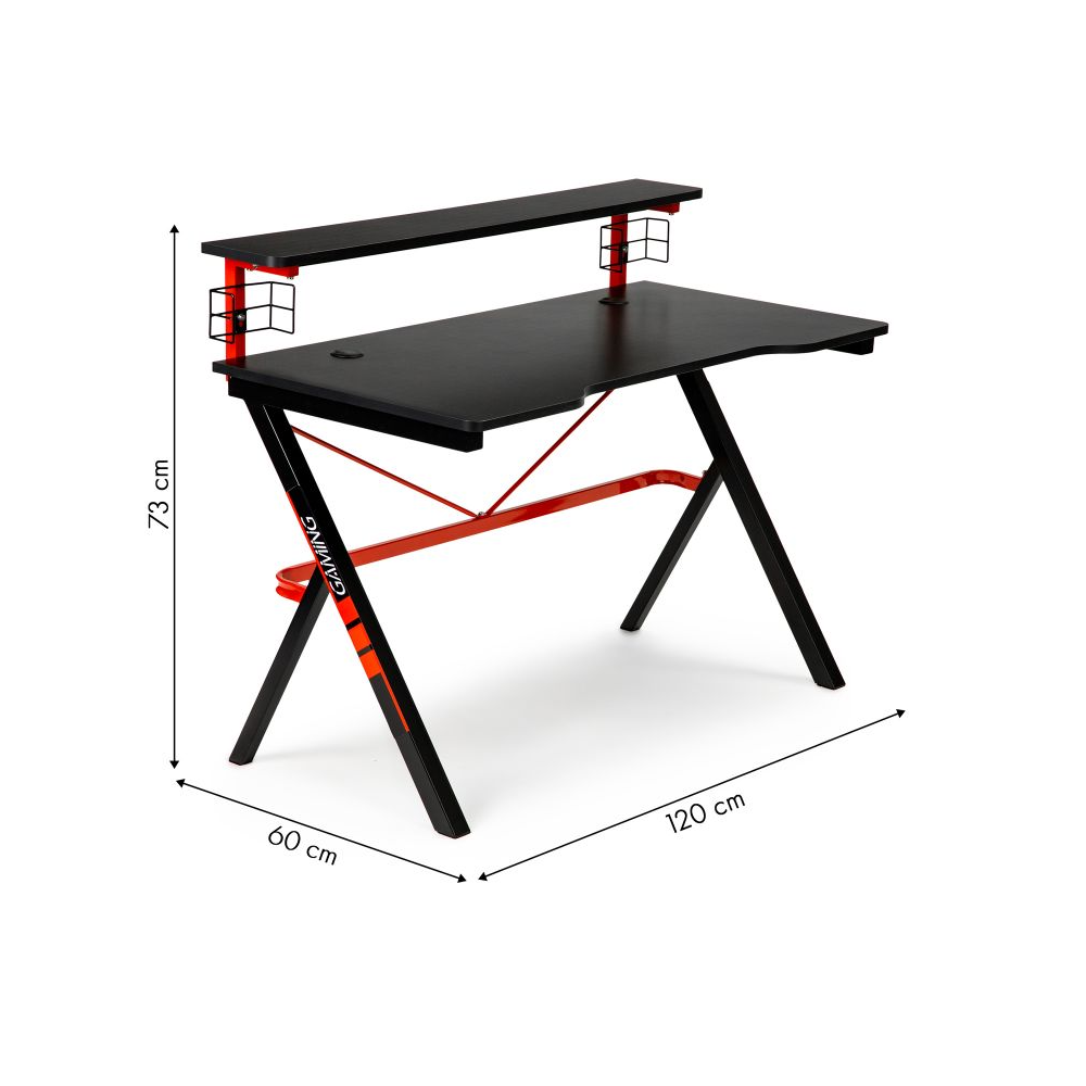 Birou de Gaming, Bigshot BSN1925, 2 Iesiri de Cablu, Suport pentru Pahare, 120 x 60 x 73 cm, Negru-Rosu