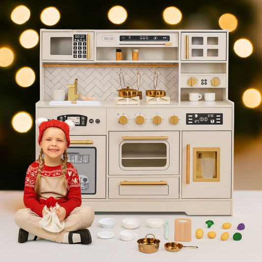 Bucatarie din lemn pentru copii idealSTORE,completa cu electrocasnice, sunete si accesorii