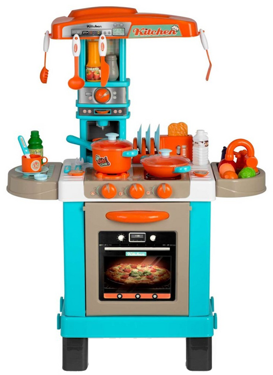 Bucatarie copii idealStore MasterKitchen, contine Tacamuri, Vesela si Accesorii, iluminare Led, Efect Sonor,Aragaz, Cuptor, Cafetiera, Prajitor de Paine, Butoane ce se Rotesc