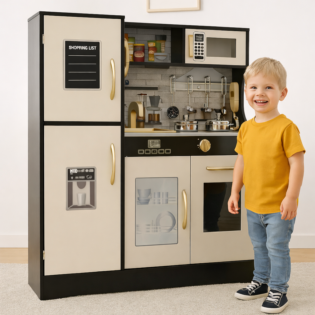 Bucatarie de lemn idealSTORE pentru copii cu frigider cuptor chiuveta si accesorii