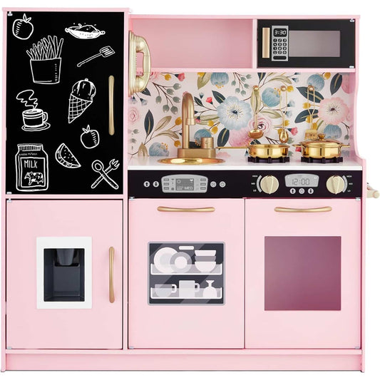 Bucatarie din Lemn Multifunctionala idealSTORE, Dimensiuni 80 x 24 x 80 cm, Include 11 Accesorii Detasabile, Accesorizat cu Frigider, Cuptor, Masina de Gheata, Cuptor cu Microunde si Masina de Spalat Vase, Tabla de Scris, Chiuveta, Design Realist