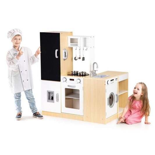Bucatarie Multifunctionala din Lemn idealSTORE, Dimensiuni 126 x 30 x 106,5 cm, Accesorizata cu Aragaz cu Lumini, Masina de Spalat, Frigider, Cuptor cu Microunde, Chiuveta, Dulap cu Rafturi, Tabla de Scris, Telefon, Ustensile de Bucatarie